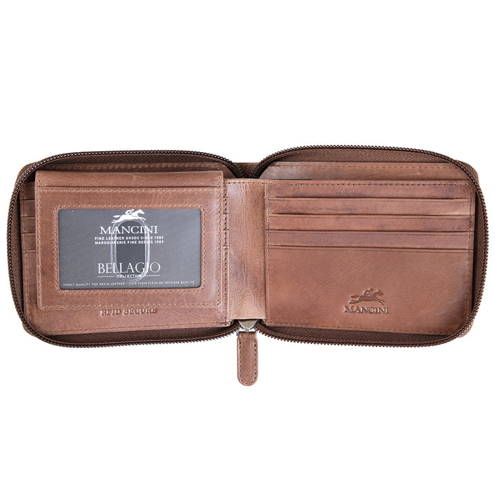 Mancini Leather Men's Wallet Zippered RFID Billfold with Removable Passcase