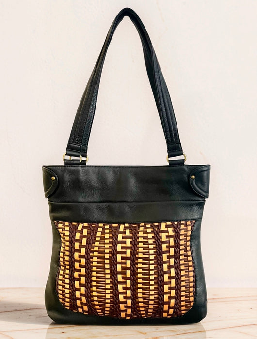 Derek Alexander Leather Ladies' Handbag Top Zip Hour Glass Woven Front