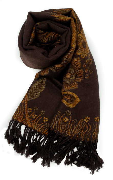 Floral & Feather Patterned Pashmina Brown