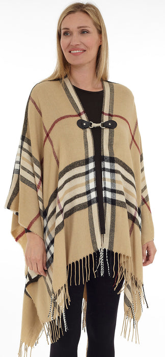 Plaid Cape with Metal Closure and Fringe